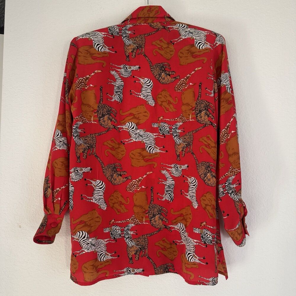 Vintage 100% Silk Piano Blouse Sz S Mob Wife Bold Red Animal Print Old Money - Picture 10 of 16